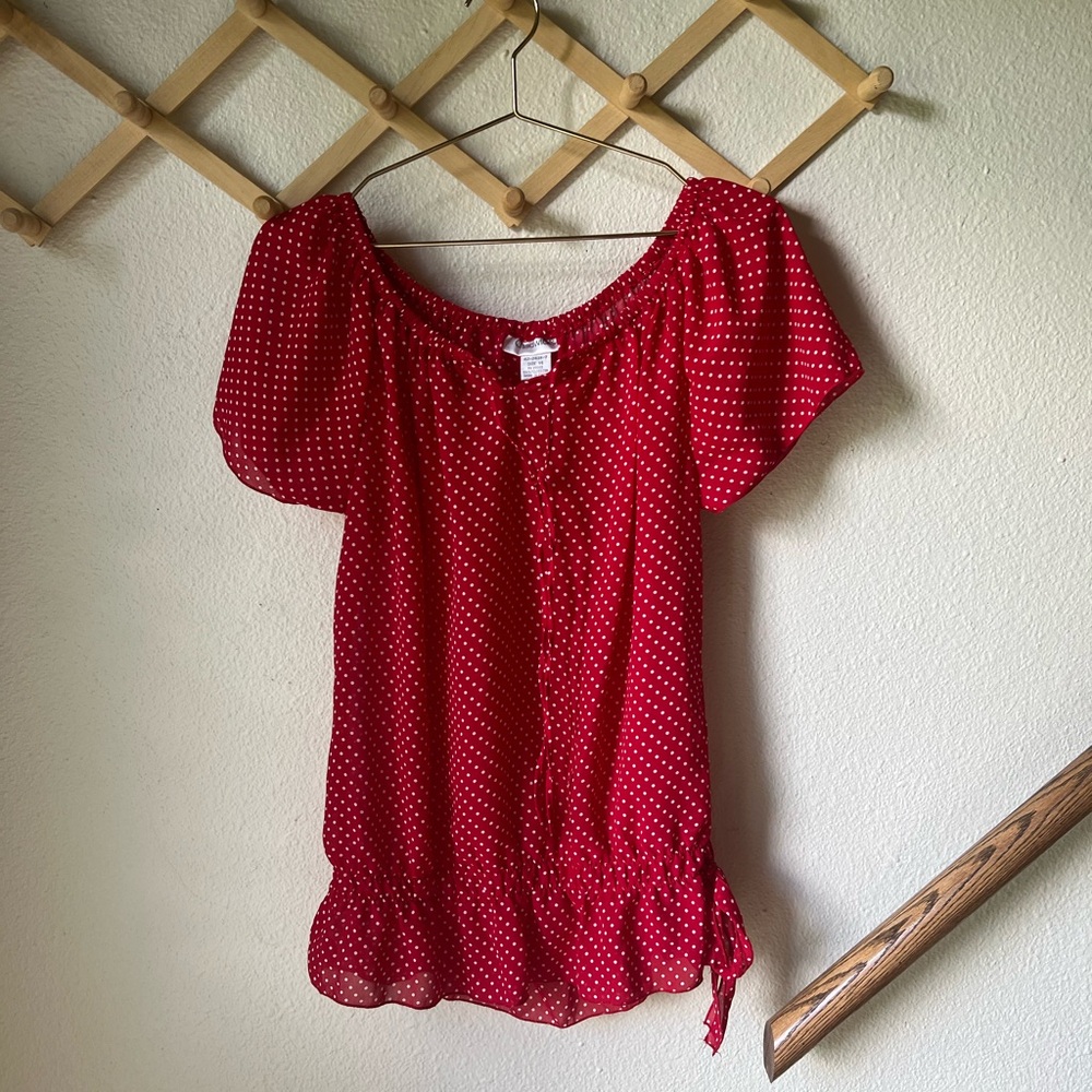 Chadwick’s Woman’s red white polka dotted blouse size 14